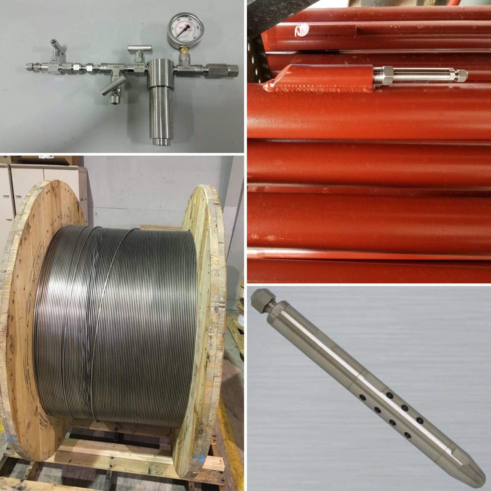 Industrial metal rods, wire spool, and a precision metal tool arranged in a collage.